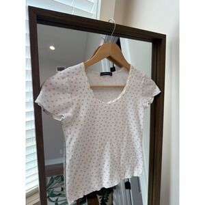 Brandy Melville Ivory Floral Print Waffle Knit Top Ruffle Trim‎ White Tee OS